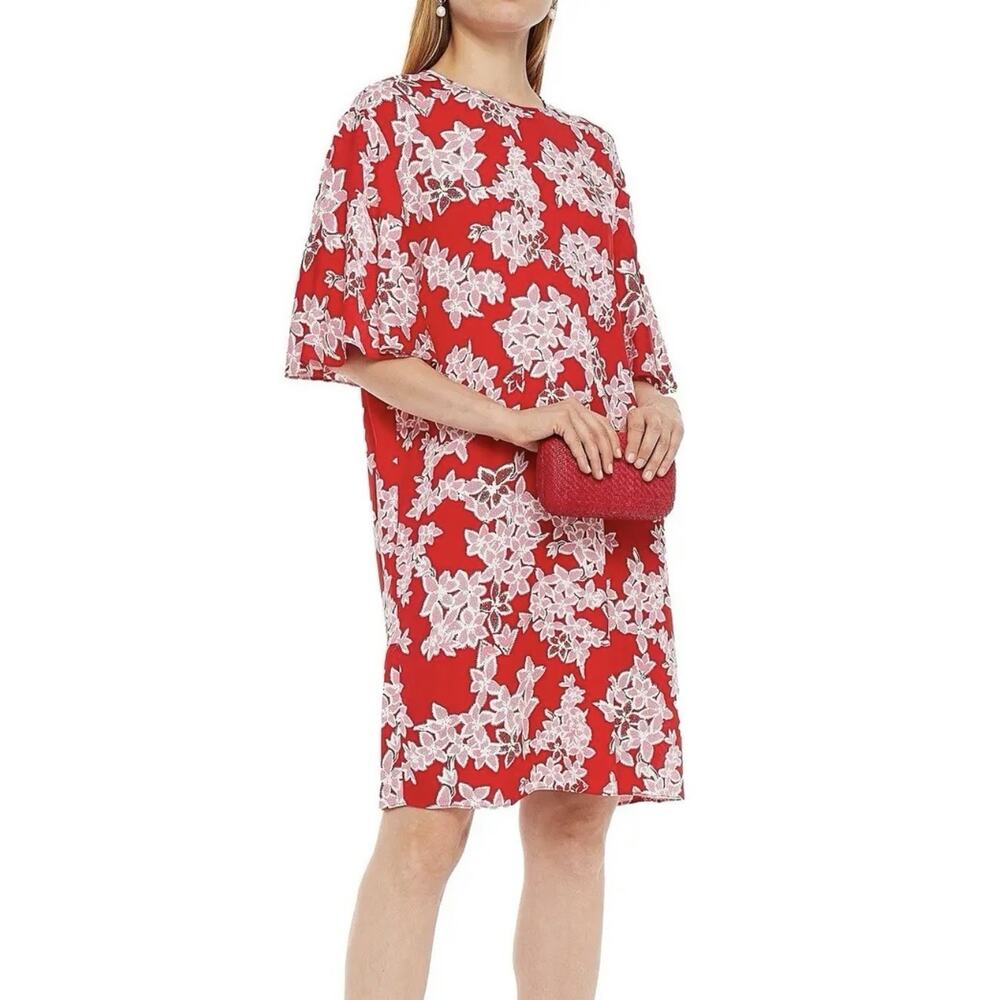 DIANE VON FURSTENBERG DVF Red Floral Silk Blend Shift Crepe Dress Size XS